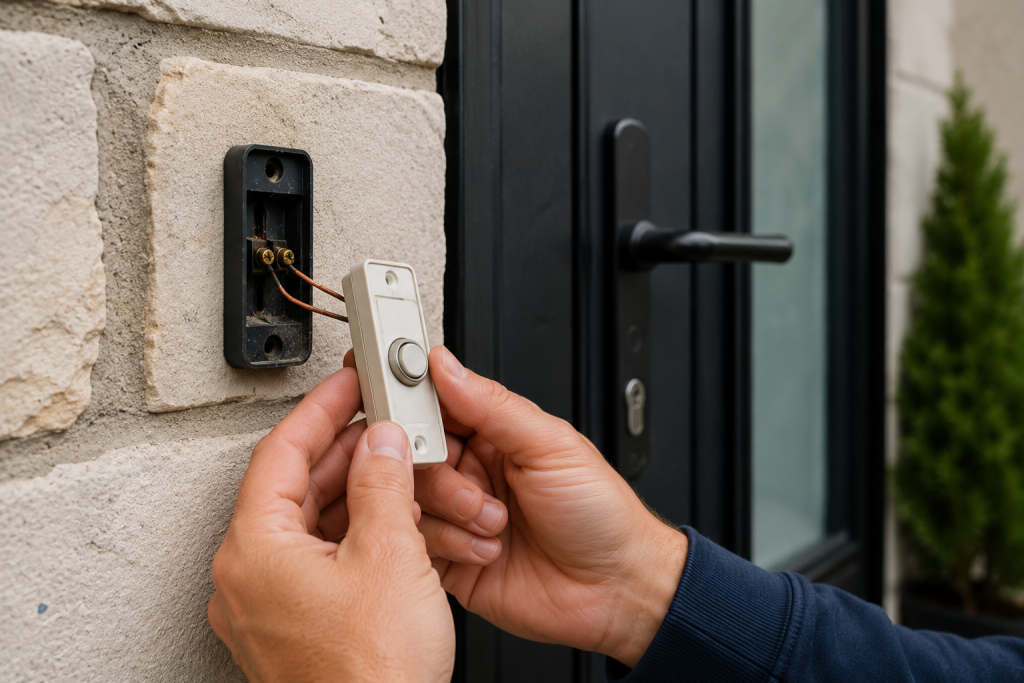 Close-up of a homeowner inspecting a residential doorbell button mounted beside a front door, checking for wear, damage, corrosion, or loose connections during doorbell troubleshooting.