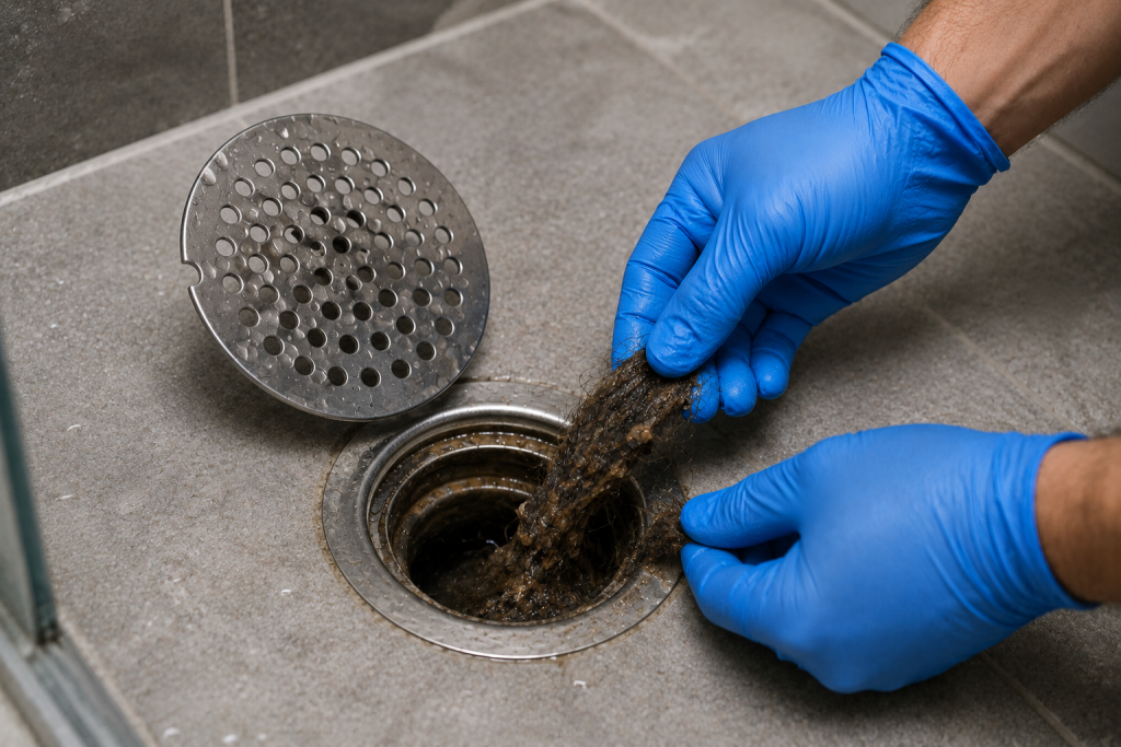 Close-up of a homeowner inspecting a shower drain and removing a large hair clog and debris buildup that is restricting water flow.