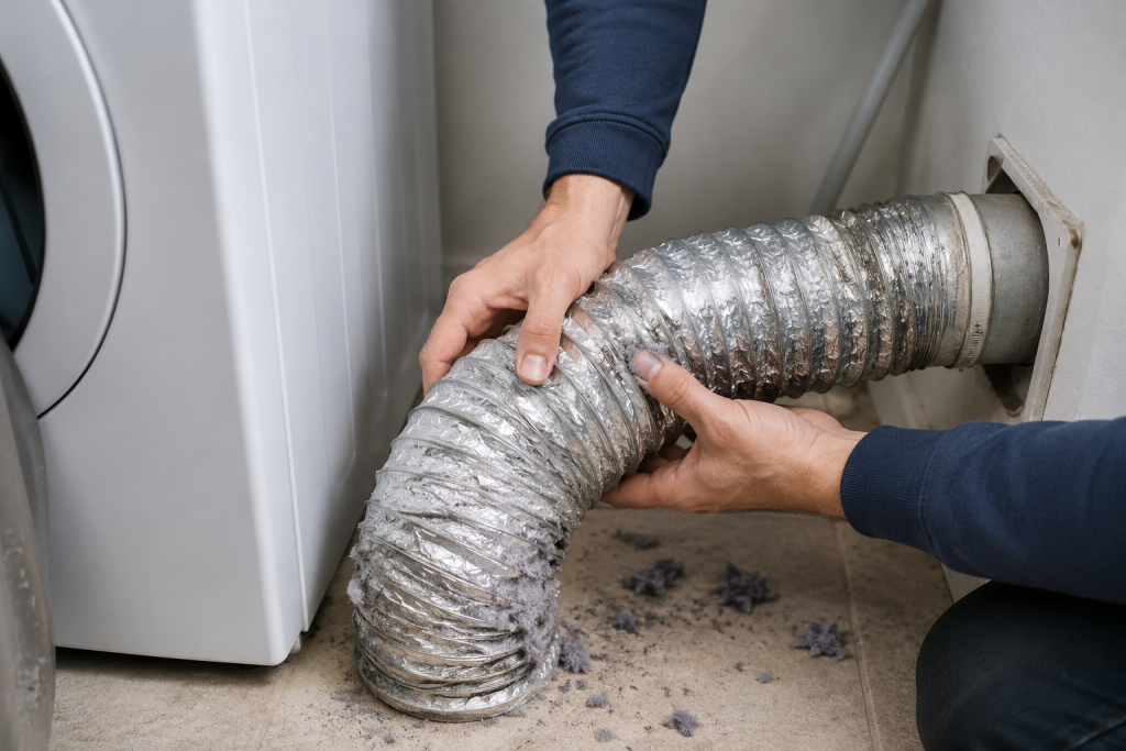 Homeowner inspecting a flexible dryer vent hose behind a clothes dryer, checking for kinks, lint buildup, and airflow restrictions that can cause an LG Dryer D90 error.