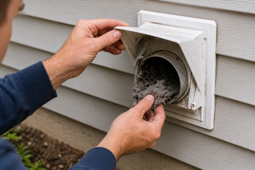 Homeowner inspecting an exterior dryer vent hood and removing lint buildup to improve airflow and resolve an LG Dryer D80 error.