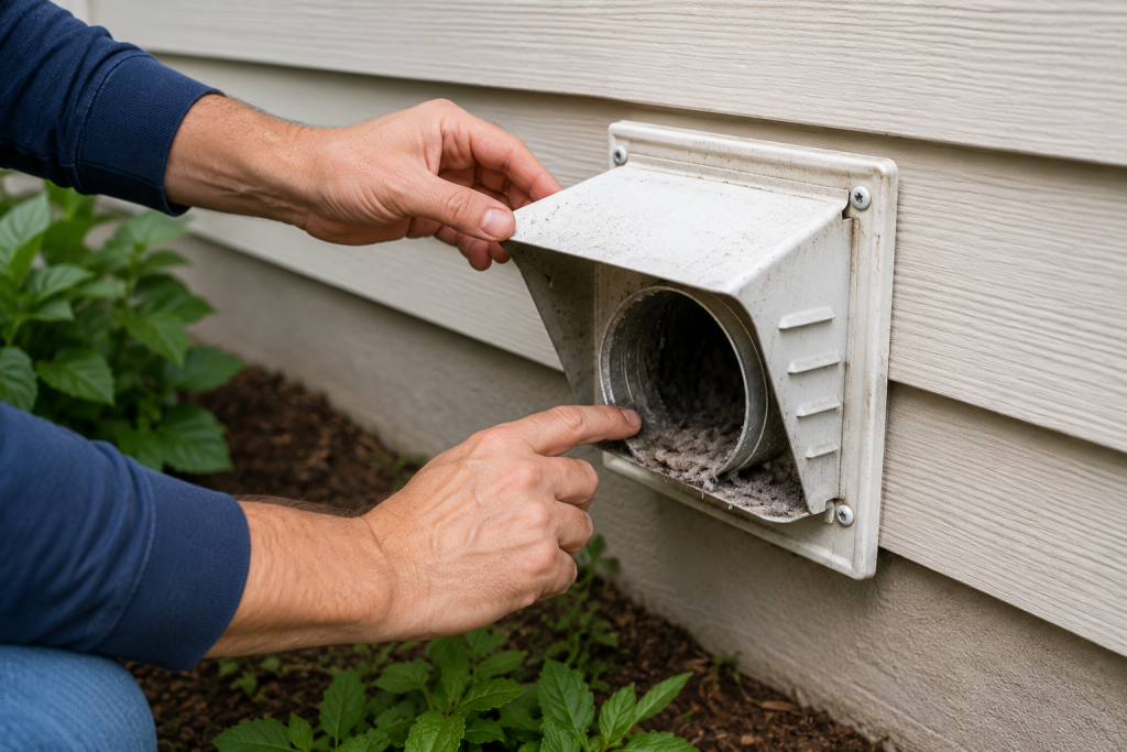 Homeowner inspecting an exterior dryer vent hood on the outside wall of a house, checking for lint buildup, debris, and blocked vent flaps that can cause an LG Dryer D90 airflow error.