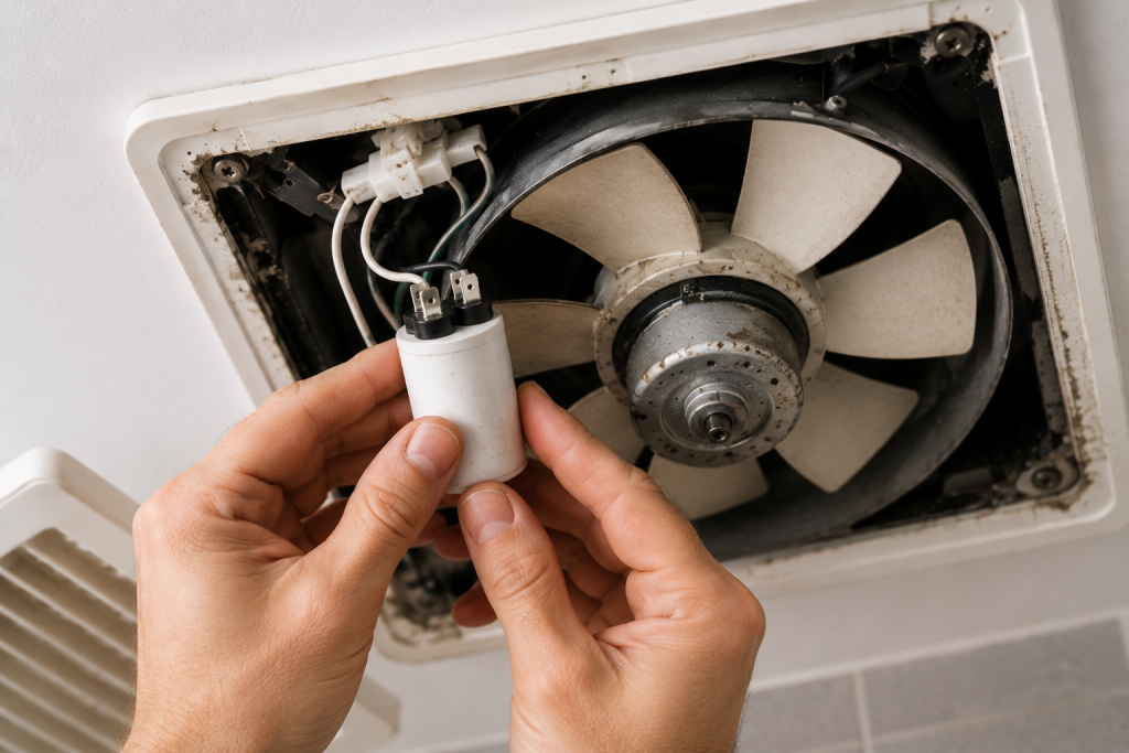 Close-up of a homeowner inspecting a bathroom exhaust fan capacitor connected to the motor assembly, checking for damage, bulging, leaks, or loose electrical connections.