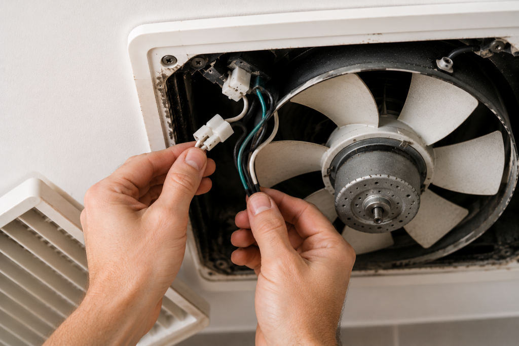 Close-up of a bathroom exhaust fan with the cover removed, showing a homeowner inspecting wire connectors, electrical terminals, and internal wiring for loose connections, corrosion, or damaged wires.