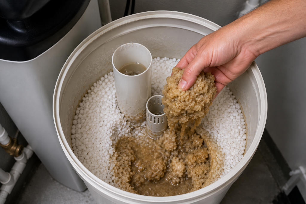 Close-up of a water softener brine tank showing wet salt sludge and compacted salt mush being inspected during maintenance.