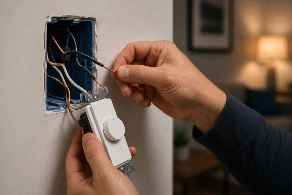 Electrician inspecting wire connections inside a wall switch electrical box, checking for loose wiring during dimmer switch troubleshooting.