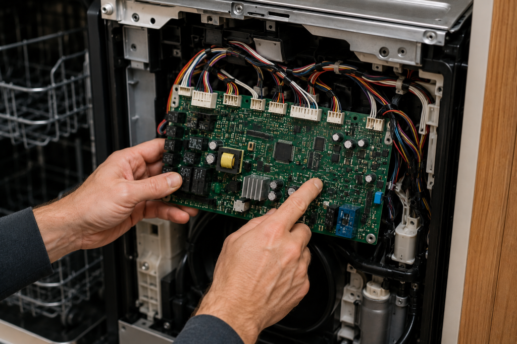 Technician inspecting the main control board inside a GE dishwasher while checking electronic components and wiring connections