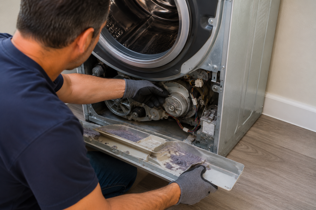 Technician inspecting internal dryer components with the rear access panel removed, examining the blower housing, wiring connections, and airflow pathways while diagnosing an LG Dryer D90 error.