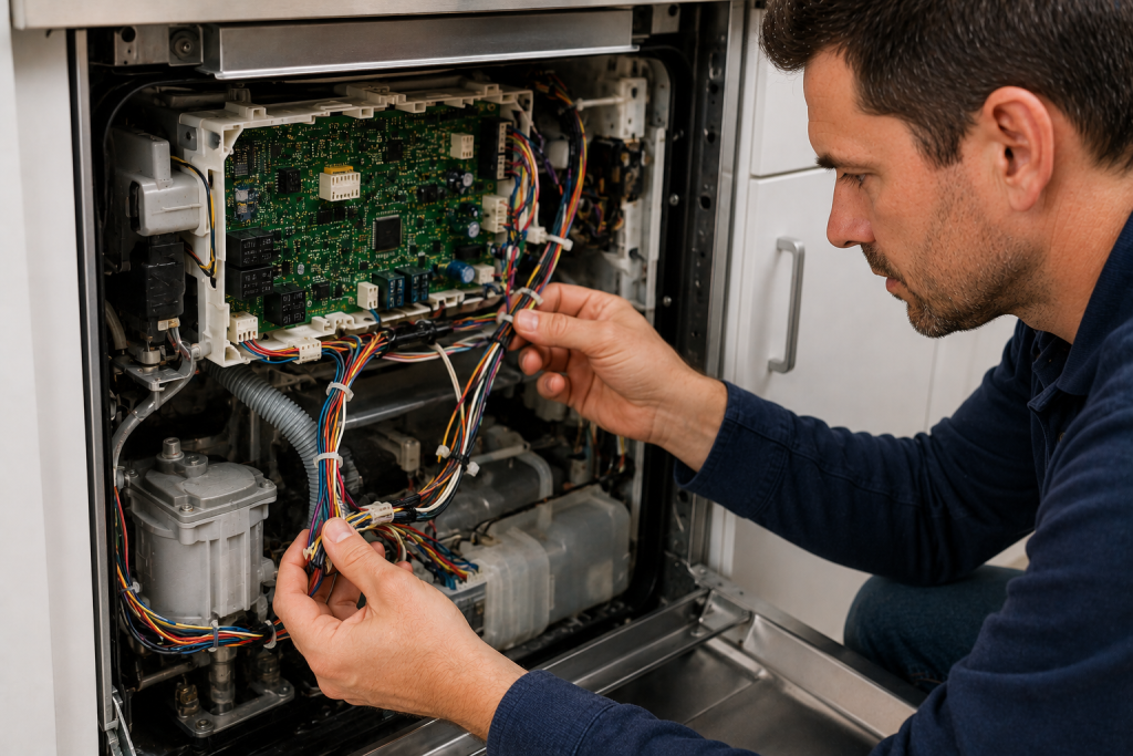 Technician inspecting internal dishwasher wiring harnesses and electrical connectors for loose, damaged, or corroded connections