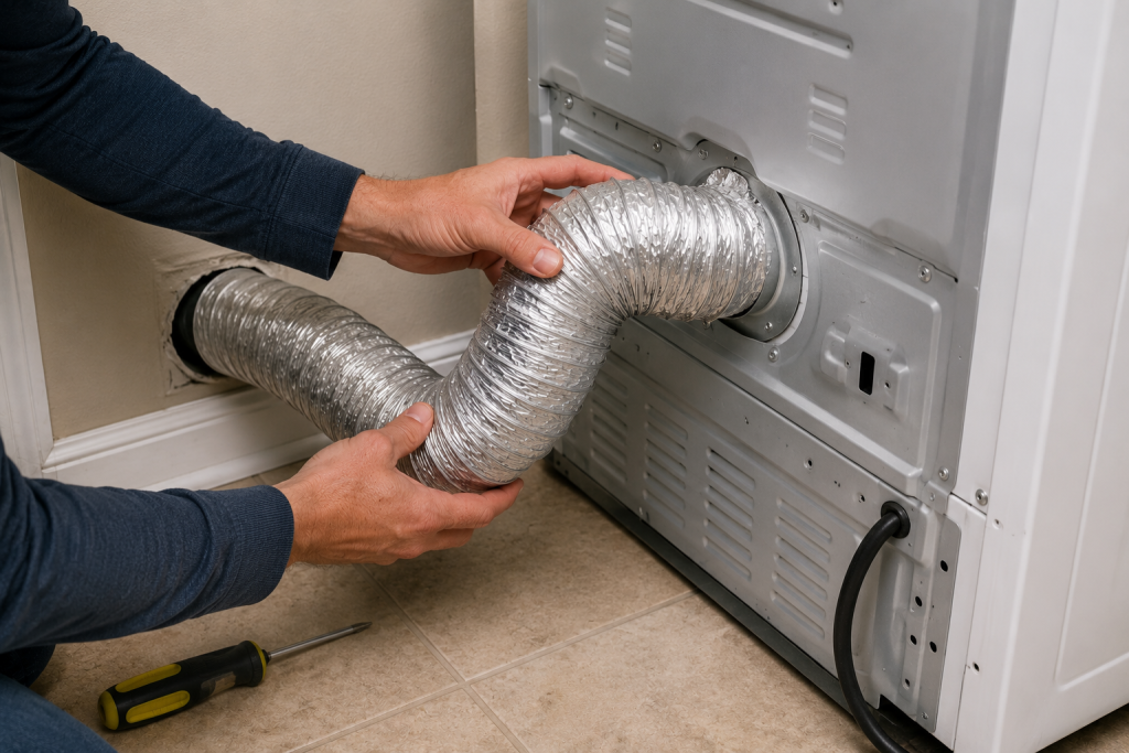 Homeowner removing lint from a dryer lint filter in front of an open LG dryer door to improve airflow and prevent D80 errors.