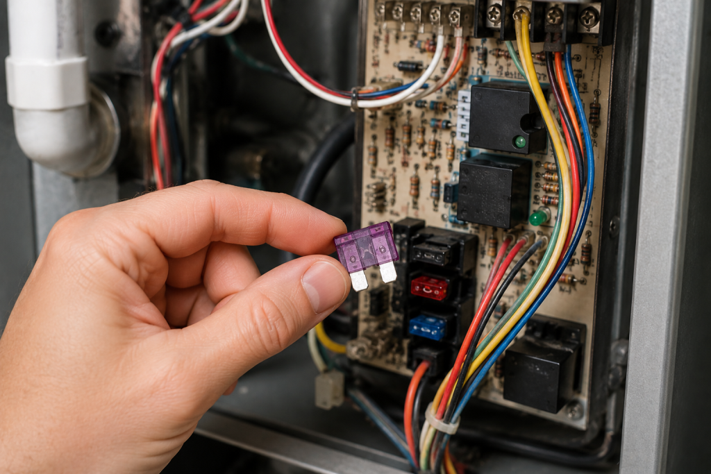 Person inspecting the low-voltage blade fuse on a residential furnace control board during HVAC troubleshooting.