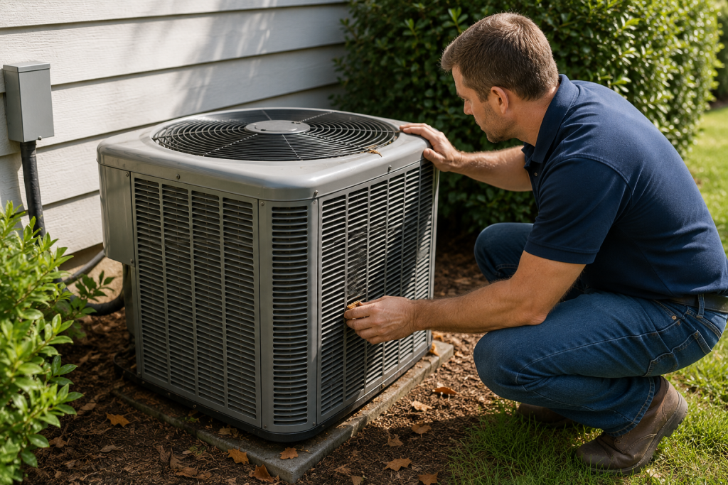 Homeowner inspecting an outdoor air conditioner condenser unit and clearing leaves, grass, and debris from around the equipment to improve cooling efficiency and airflow.