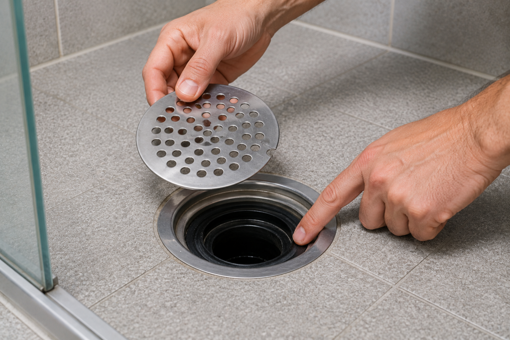 Close-up of a homeowner inspecting the rubber seal and drain assembly beneath a shower drain cover to check for gaps, cracks, or worn components that could allow sewer odors to escape.