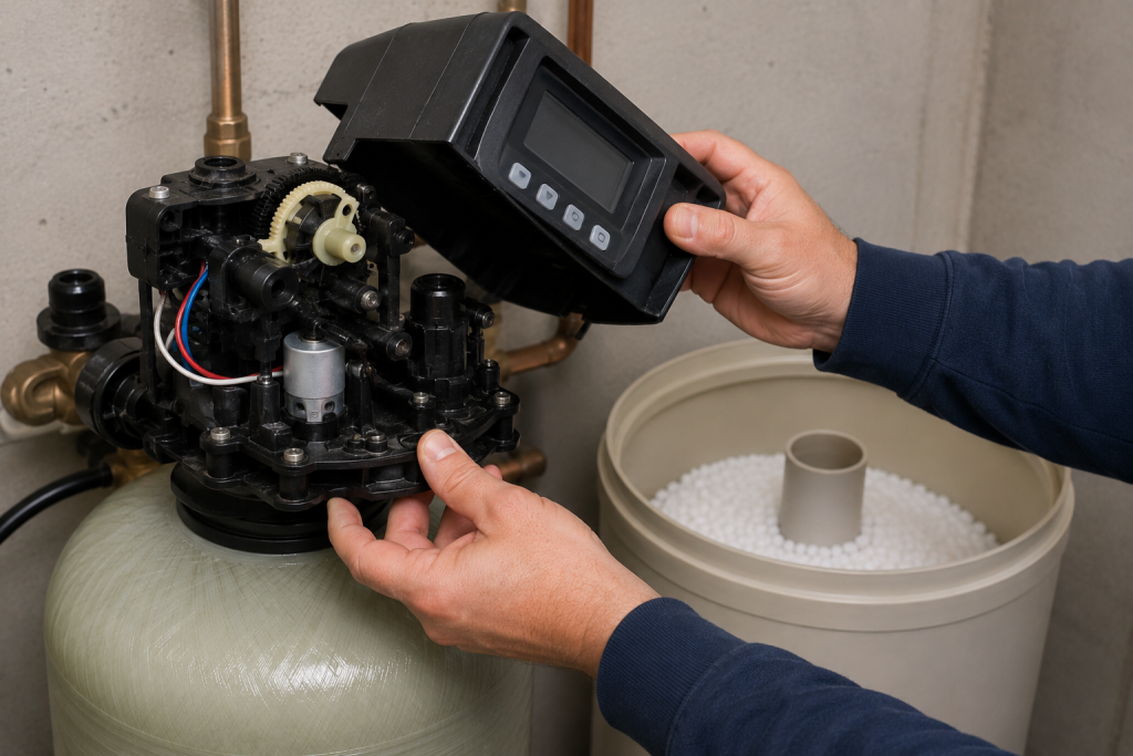 Close-up of a homeowner inspecting the control valve assembly on a residential water softener system during troubleshooting and maintenance.