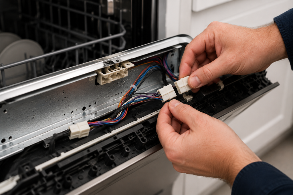 Technician inspecting and reconnecting wiring harness connectors inside a dishwasher control panel during troubleshooting