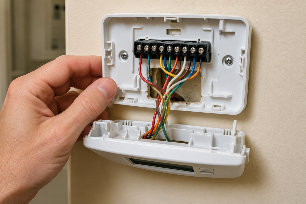 Close-up of a wall-mounted thermostat with the cover removed, showing a person inspecting the thermostat wiring and terminal connections.