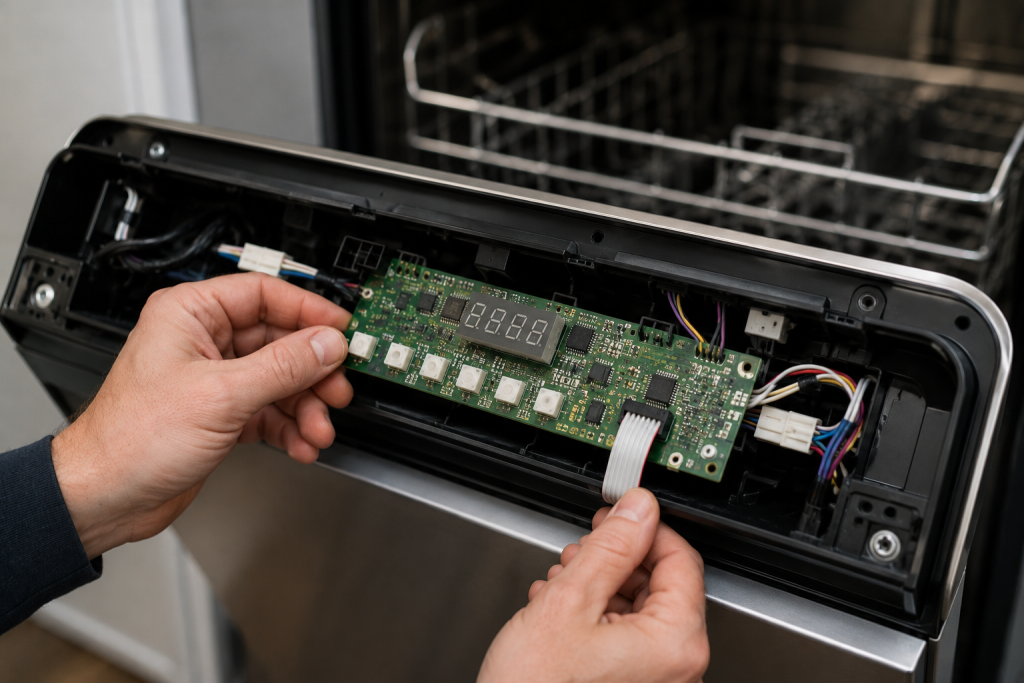 Technician examining the user interface control board inside a GE dishwasher door panel during troubleshooting