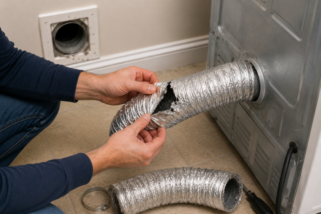 Homeowner inspecting a metal dryer vent duct for dents, crushed sections, loose joints, or other damage that could restrict airflow and trigger an LG Dryer D80 error.