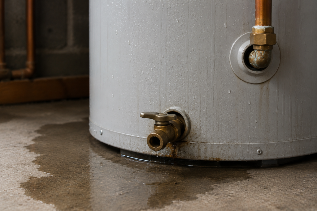 Close-up of a residential water heater drain valve near the bottom of the tank, showing a homeowner inspecting the valve for leaks, corrosion, or dripping water.