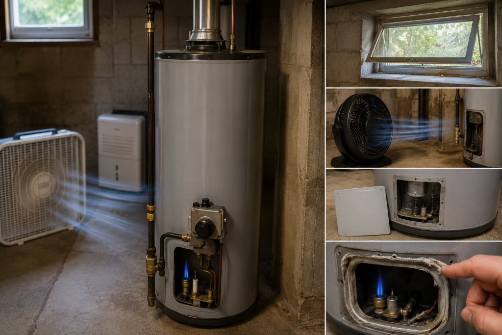 Gas water heater in a basement with an open window, nearby fan, removed burner access panel, and damaged combustion chamber seal, illustrating common sources of drafts that can extinguish a pilot flame.