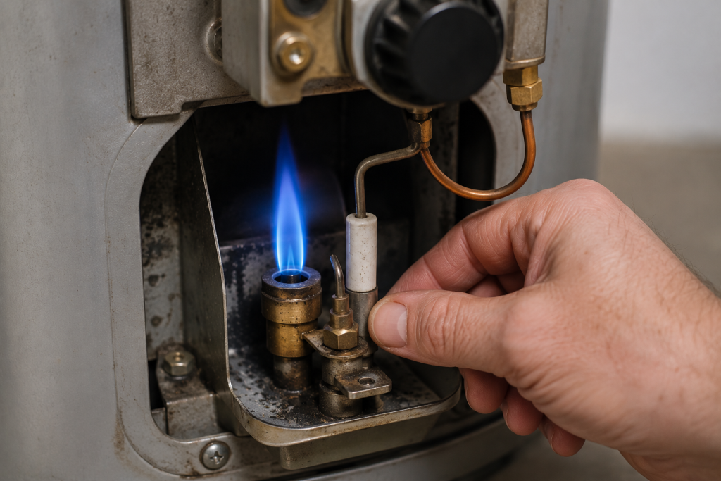Close-up of a blue pilot flame burning on a gas water heater while a person inspects the thermocouple and pilot assembly for Water Heater Pilot Light Won't Stay Lit.