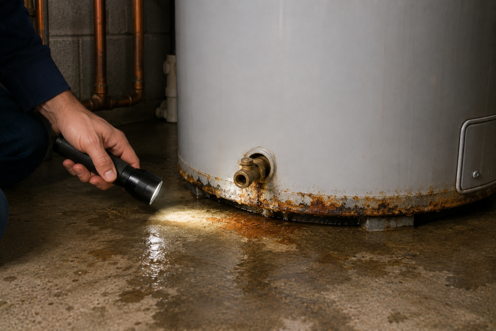 Homeowner using a flashlight to inspect rust and corrosion along the bottom edge of a residential water heater tank, checking for signs of leaks, deterioration, and tank failure.