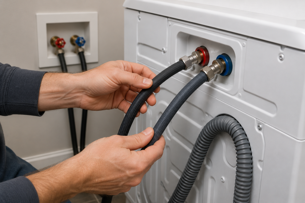 Homeowner inspecting hot and cold water inlet hoses behind a washing machine, checking for kinks, bends, or damage that could restrict water flow.
