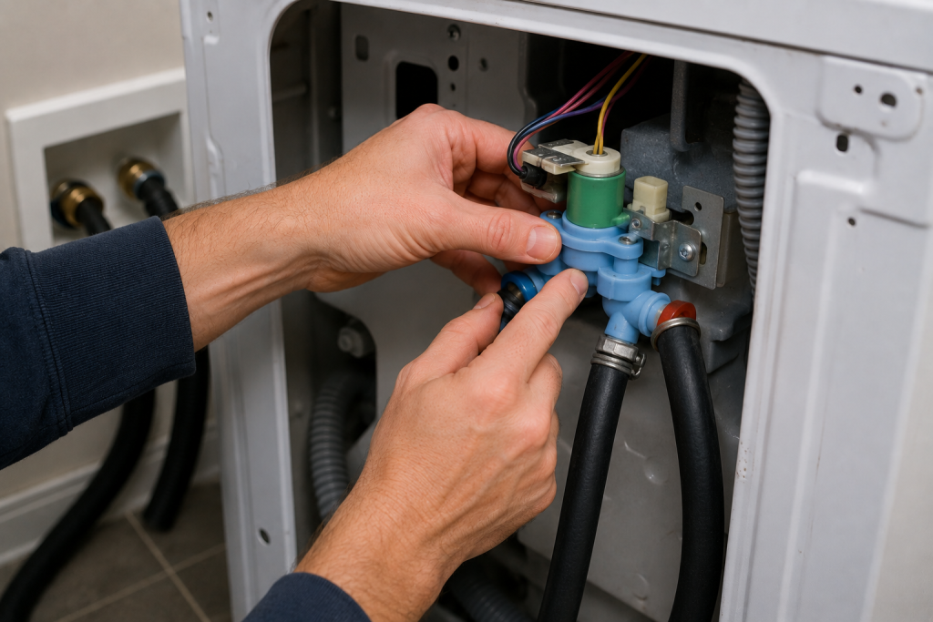 Technician inspecting the water inlet valve assembly inside a Whirlpool washing machine while checking for damage, corrosion, or loose electrical connections.