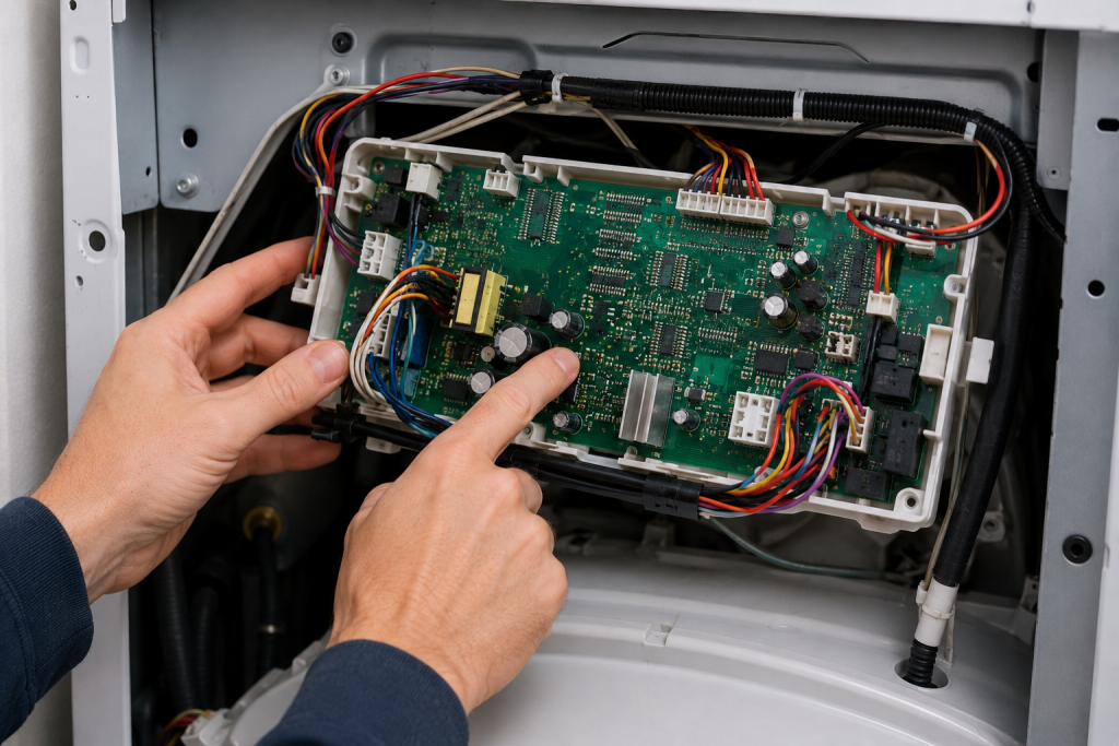 Technician inspecting the main control board inside a Whirlpool washing machine, checking wiring connections and electronic components for signs of damage or failure.