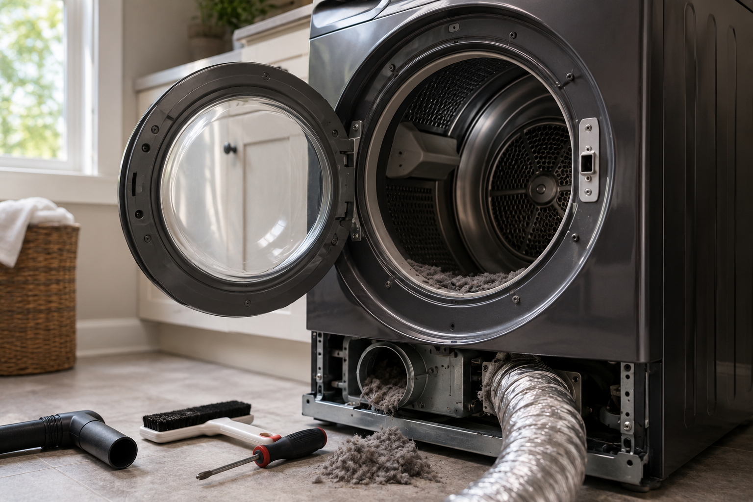 LG front-load dryer with the door open and visible vent ductwork in a laundry room, highlighting airflow restriction and dryer vent maintenance during troubleshooting.
