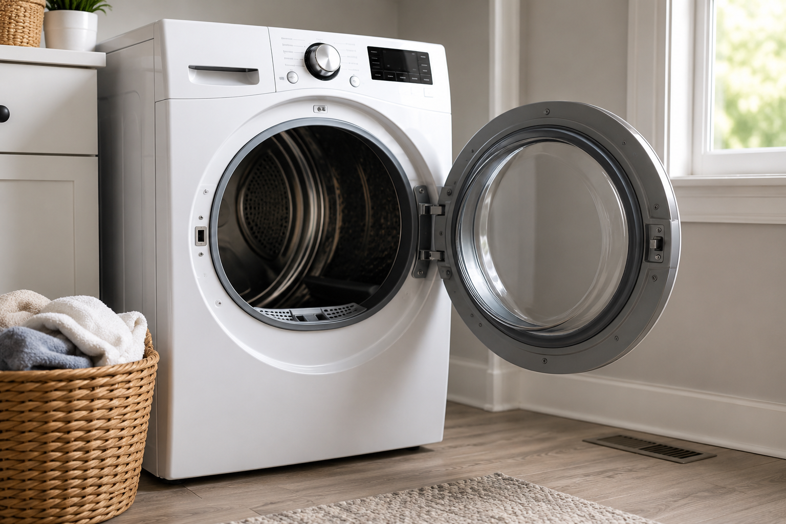 LG front-load dryer in a clean laundry room with the door open, highlighting airflow and vent maintenance concepts related to troubleshooting a D90 error code.