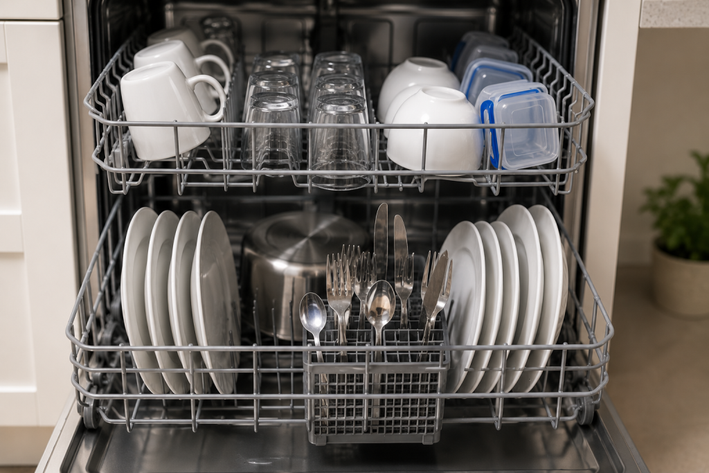 Properly loaded dishwasher with plates evenly spaced in the lower rack, glasses arranged on the upper rack, and utensils separated in the silverware basket to prevent Dishwasher Not Drying Dishes.