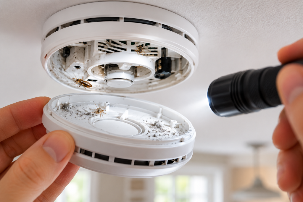 Close-up of a ceiling-mounted smoke detector with a small insect visible near the vent openings, illustrating how bugs inside the detector can cause false alarms.