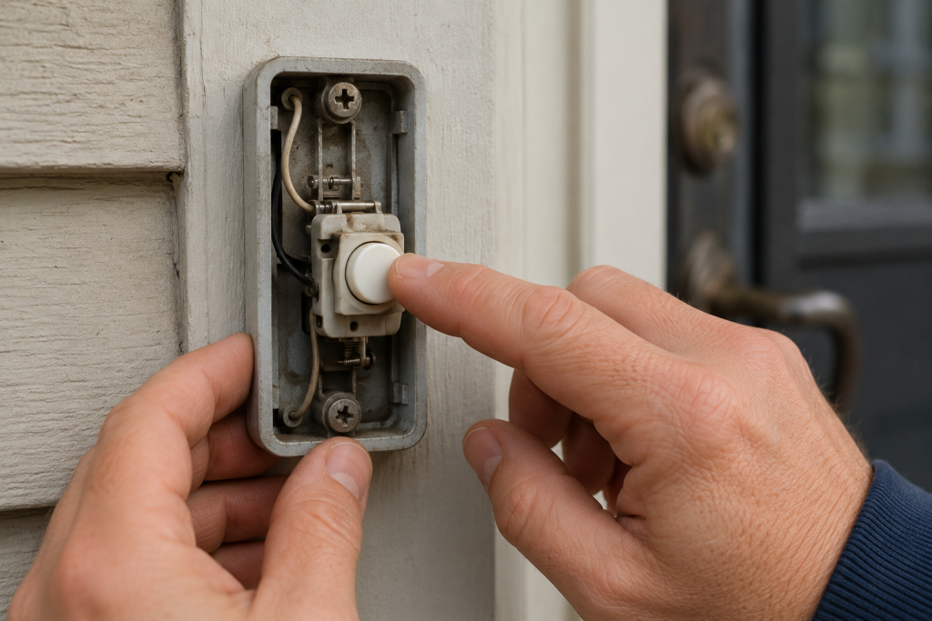 Close-up of a residential doorbell button mounted beside a front door, with a homeowner pressing and inspecting the button to determine whether it is stuck, jammed, or failing to return to its normal position.