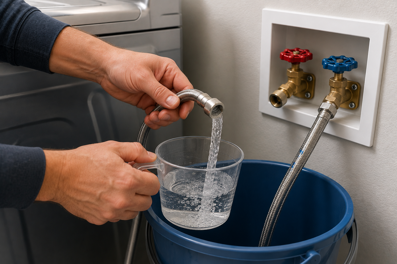 Homeowner testing washing machine water supply pressure by running water from a disconnected inlet hose into a measuring container and bucket.