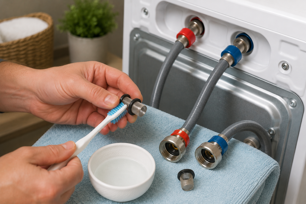 Homeowner cleaning washer water inlet screens with a small brush after disconnecting the supply hoses to remove sediment and improve water flow.