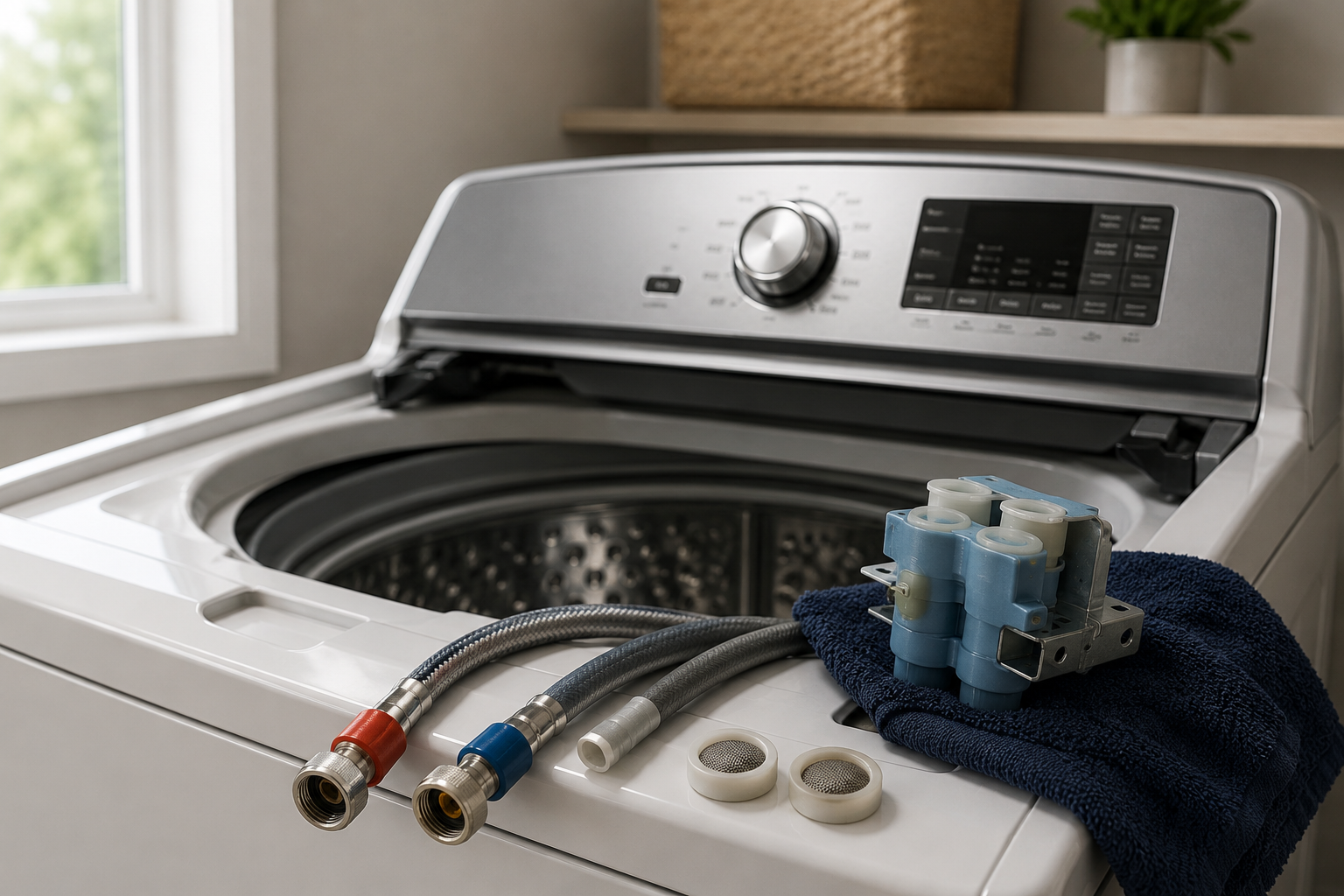 Maytag front-load washing machine displaying a water fill error while a homeowner inspects the water supply hoses and connections in a modern laundry room.