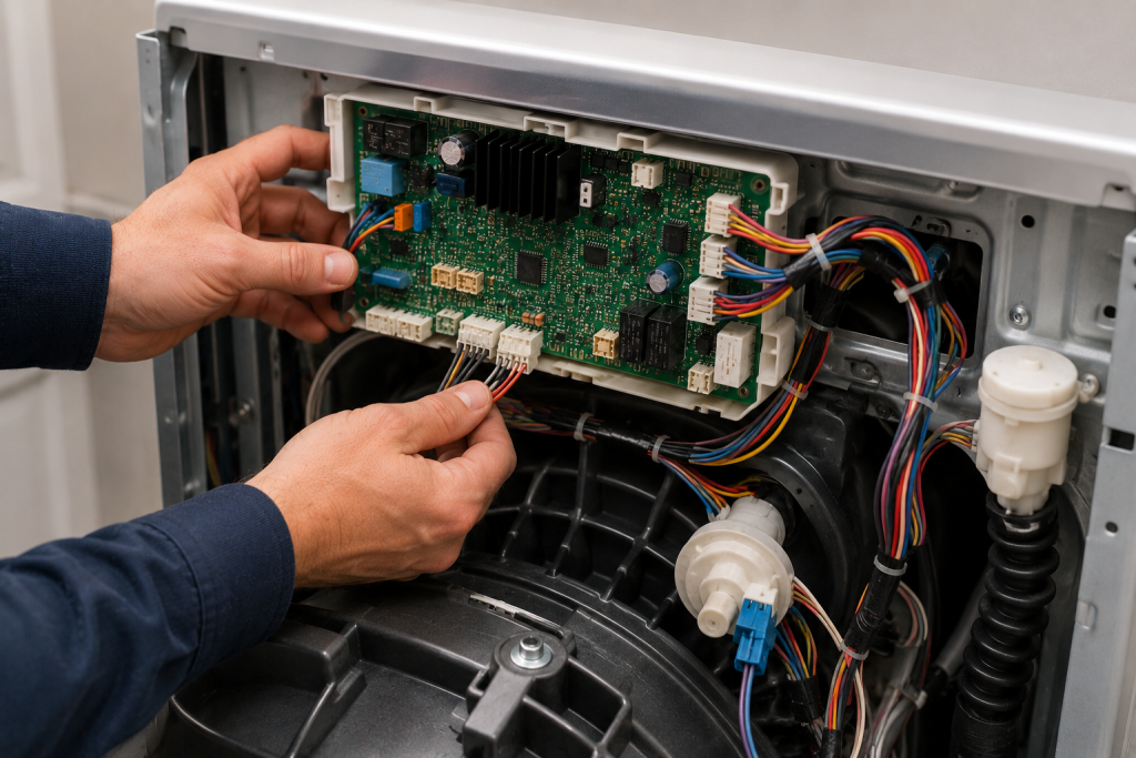 Technician inspecting a washing machine control board, wiring harnesses, and sensor connections while troubleshooting a Maytag F8 E1 water fill error.