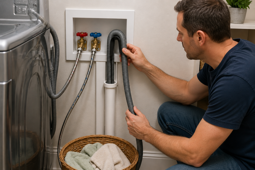 Homeowner inspecting the washing machine drain hose and standpipe connection to ensure proper installation and prevent siphoning issues that can trigger a fill error.