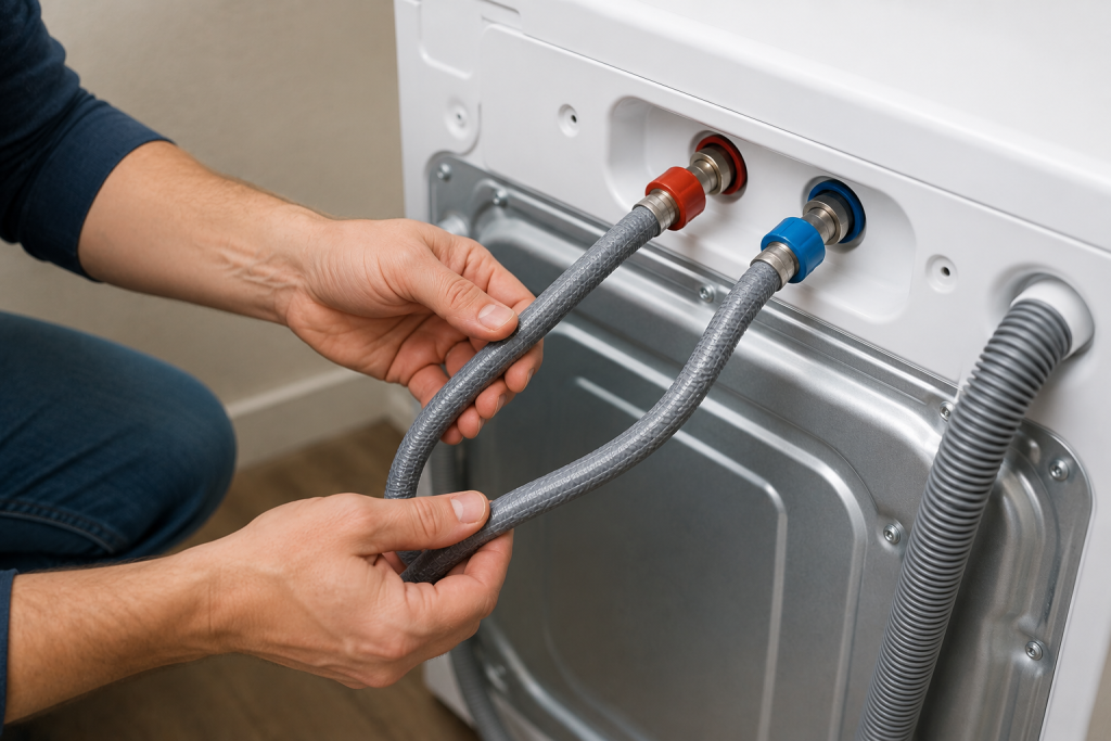 Homeowner inspecting hot and cold water inlet hoses behind a washing machine, checking for kinks, bends, cracks, or restrictions that could reduce water flow.
