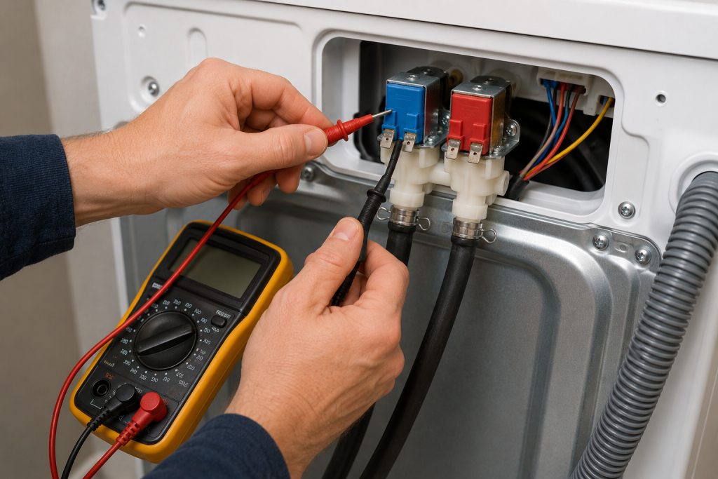 Technician testing a washing machine water inlet valve with a multimeter to diagnose an F8 E1 fill error and verify proper electrical operation.
