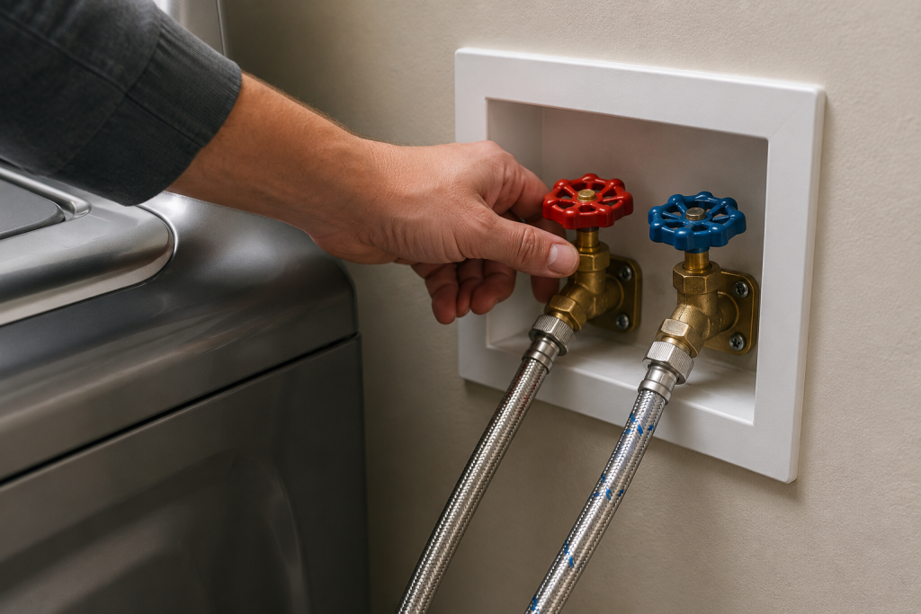 Homeowner opening hot and cold water supply valves behind a washing machine to restore proper water flow and resolve a Maytag Washer F8 E1 Error.