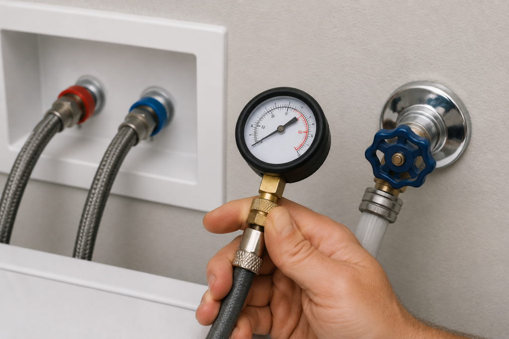 Homeowner testing washing machine water supply pressure by running water from a disconnected fill hose into a bucket to verify adequate household water flow.