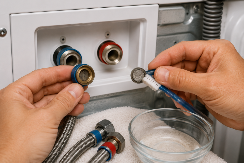 Close-up of a washing machine water inlet port with a homeowner cleaning the inlet screen to remove sediment and mineral buildup that can restrict water flow.