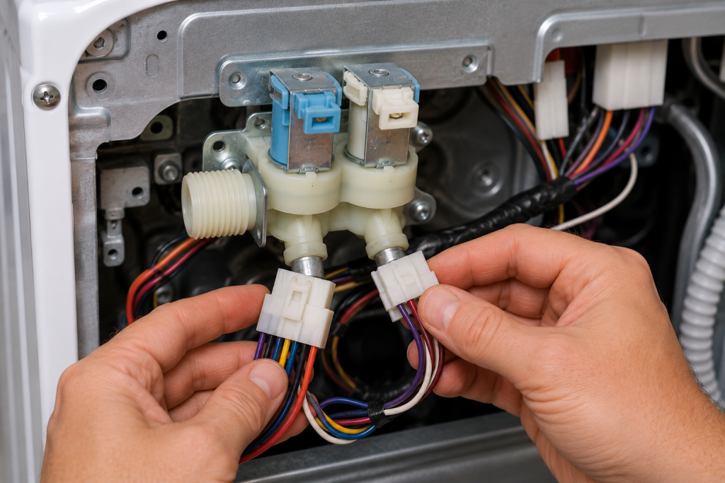 Homeowner inspecting wiring harness connections on a washing machine water inlet valve, checking for loose connectors, damaged wires, or corrosion.