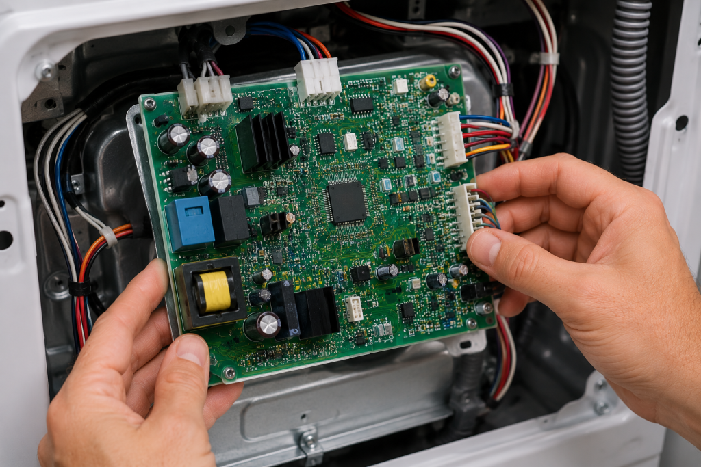 Close-up of a washing machine main control board with a homeowner inspecting electronic components, wiring connections, and circuit traces for signs of damage or failure.