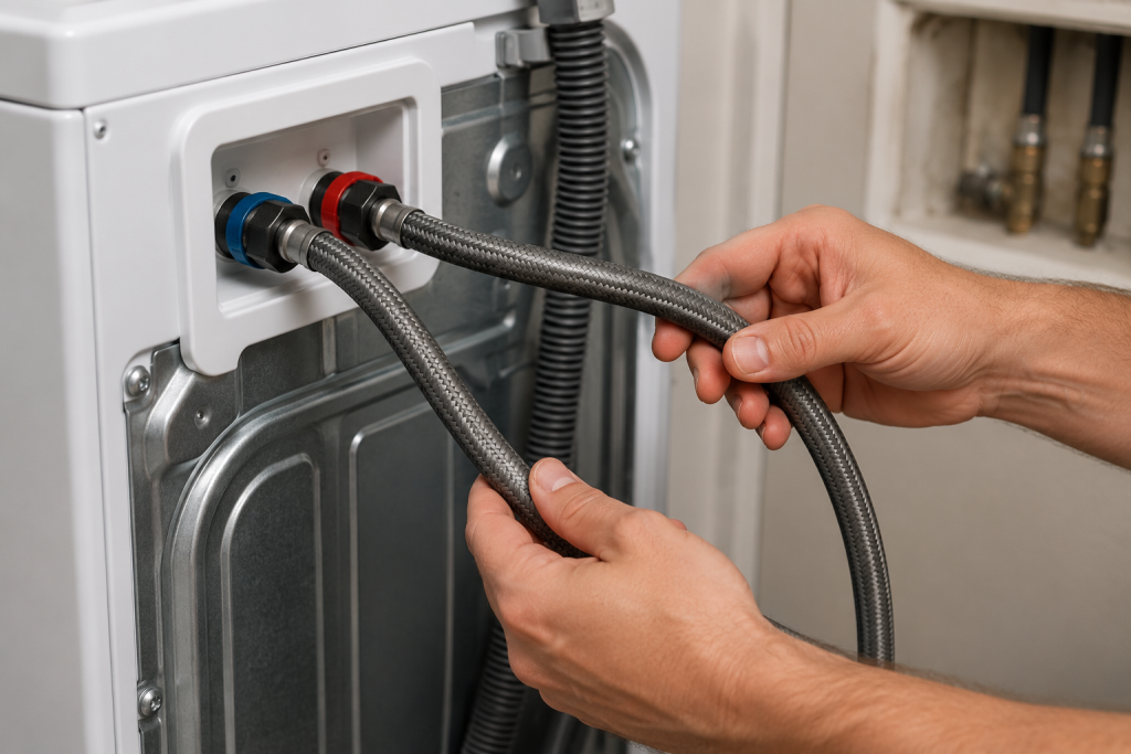 Homeowner inspecting braided hot and cold water fill hoses connected to the back of a washing machine for kinks, damage, or restrictions.