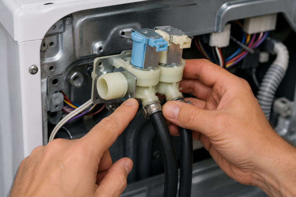 Close-up of a washing machine water inlet valve assembly with a homeowner inspecting the valve and electrical connections for signs of damage, corrosion, or mineral buildup.