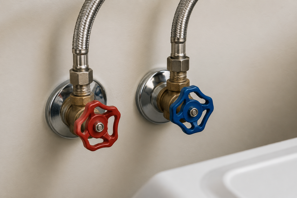 Hot and cold water supply valves fully open behind a washing machine with braided hoses connected for proper water flow for Maytag Washer LF Code.