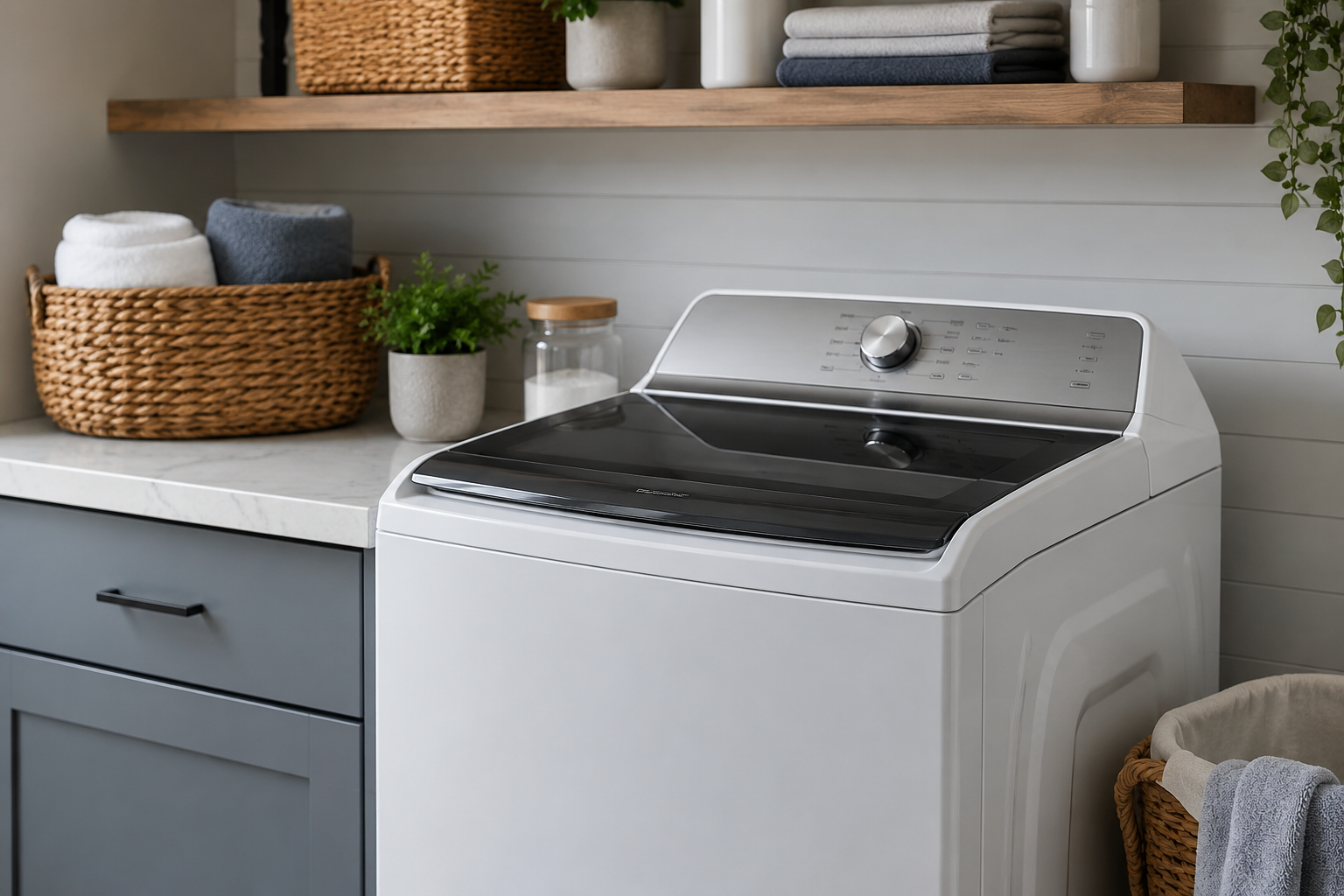 Modern top-load washing machine in a clean laundry room, representing troubleshooting and repair of a Maytag washer LF code water fill error.