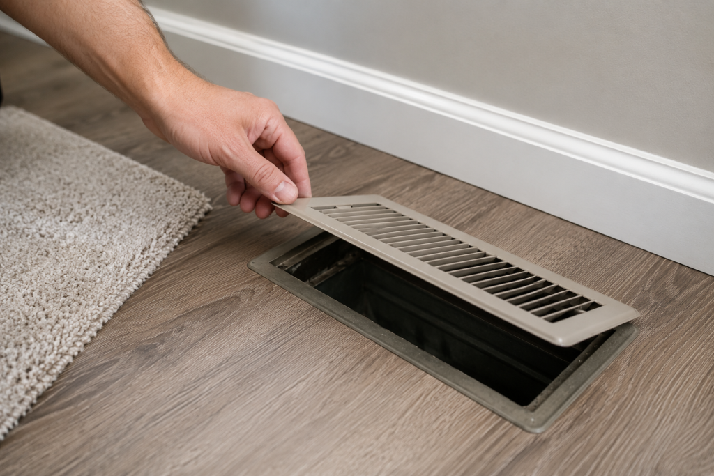 Residential HVAC supply vent on a wall with airflow unobstructed as a homeowner inspects the vent for proper air circulation and cooling system performance.